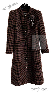 CHANEL 96A Vintage Brown Black Houndstooth Dress Coat 38 シャネル ヴィンテージ ブラウン ブラック 千鳥格子 ココボタン ワンピース コート 即発