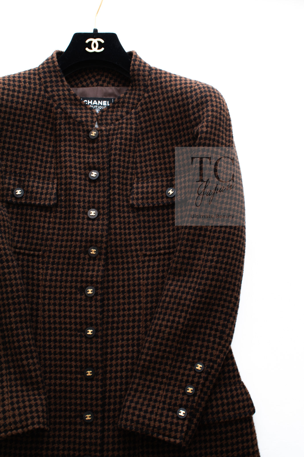 CHANEL 96A Vintage Brown Black Houndstooth Dress Coat 38 シャネル ヴィンテージ ブラウン ブラック 千鳥格子 ココボタン ワンピース コート 即発