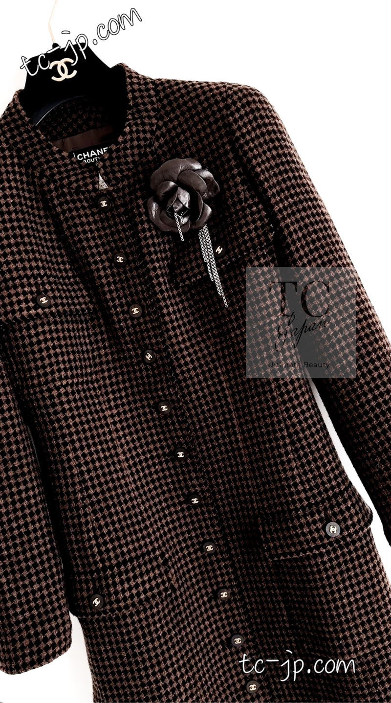 CHANEL 96A Vintage Brown Black Houndstooth Dress Coat 38 シャネル ヴィンテージ ブラウン ブラック 千鳥格子 ココボタン ワンピース コート 即発
