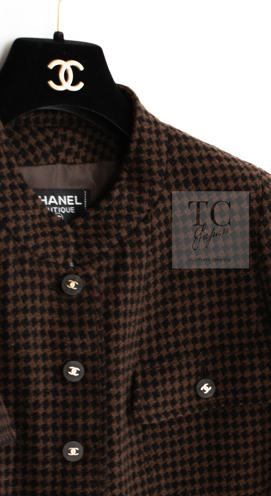 CHANEL 96A Vintage Brown Black Houndstooth Dress Coat 38 シャネル ヴィンテージ ブラウン ブラック 千鳥格子 ココボタン ワンピース コート 即発