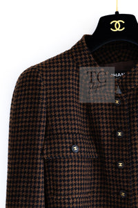 CHANEL 96A Vintage Brown Black Houndstooth Dress Coat 38 シャネル ヴィンテージ ブラウン ブラック 千鳥格子 ココボタン ワンピース コート 即発