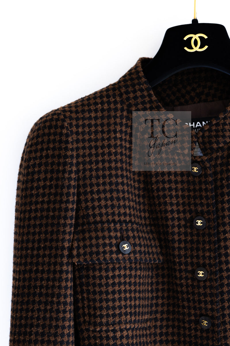 CHANEL 96A Vintage Brown Black Houndstooth Dress Coat 38 シャネル ヴィンテージ ブラウン ブラック 千鳥格子 ココボタン ワンピース コート 即発