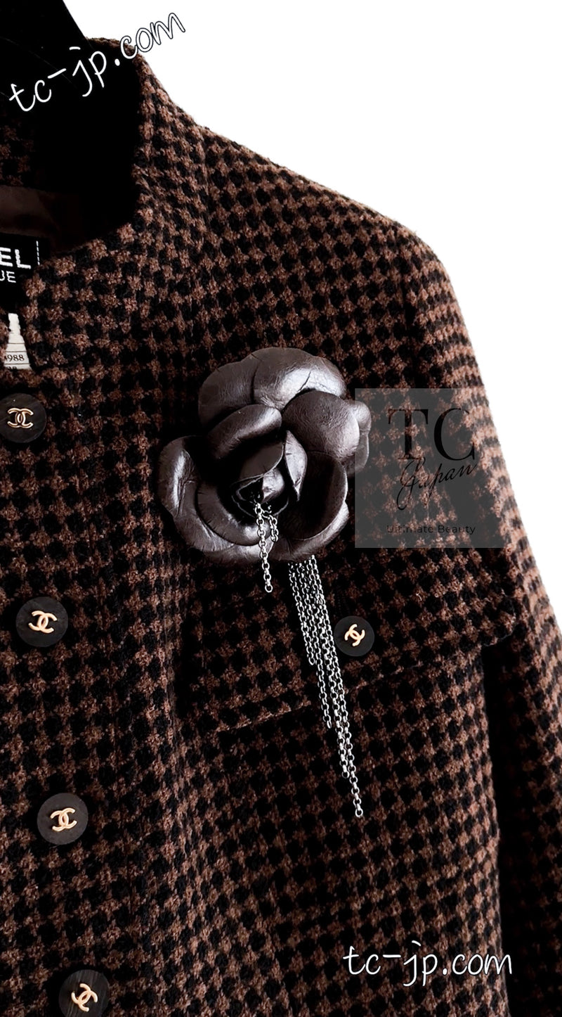 CHANEL 96A Vintage Brown Black Houndstooth Dress Coat 38 シャネル ヴィンテージ ブラウン ブラック 千鳥格子 ココボタン ワンピース コート 即発
