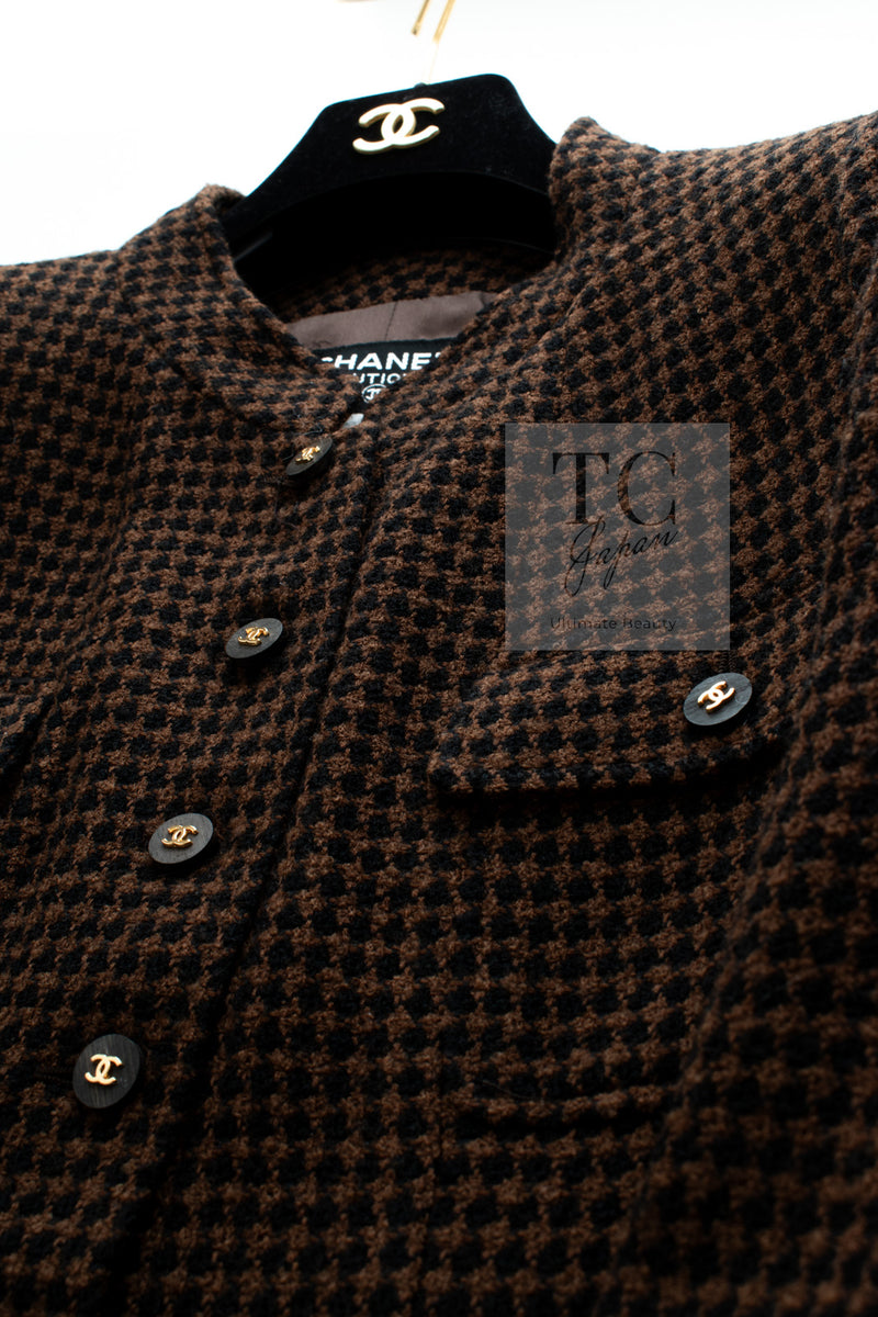 CHANEL 96A Vintage Brown Black Houndstooth Dress Coat 38 シャネル ヴィンテージ ブラウン ブラック 千鳥格子 ココボタン ワンピース コート 即発