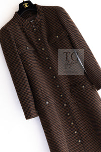 CHANEL 96A Vintage Brown Black Houndstooth Dress Coat 38 シャネル ヴィンテージ ブラウン ブラック 千鳥格子 ココボタン ワンピース コート 即発