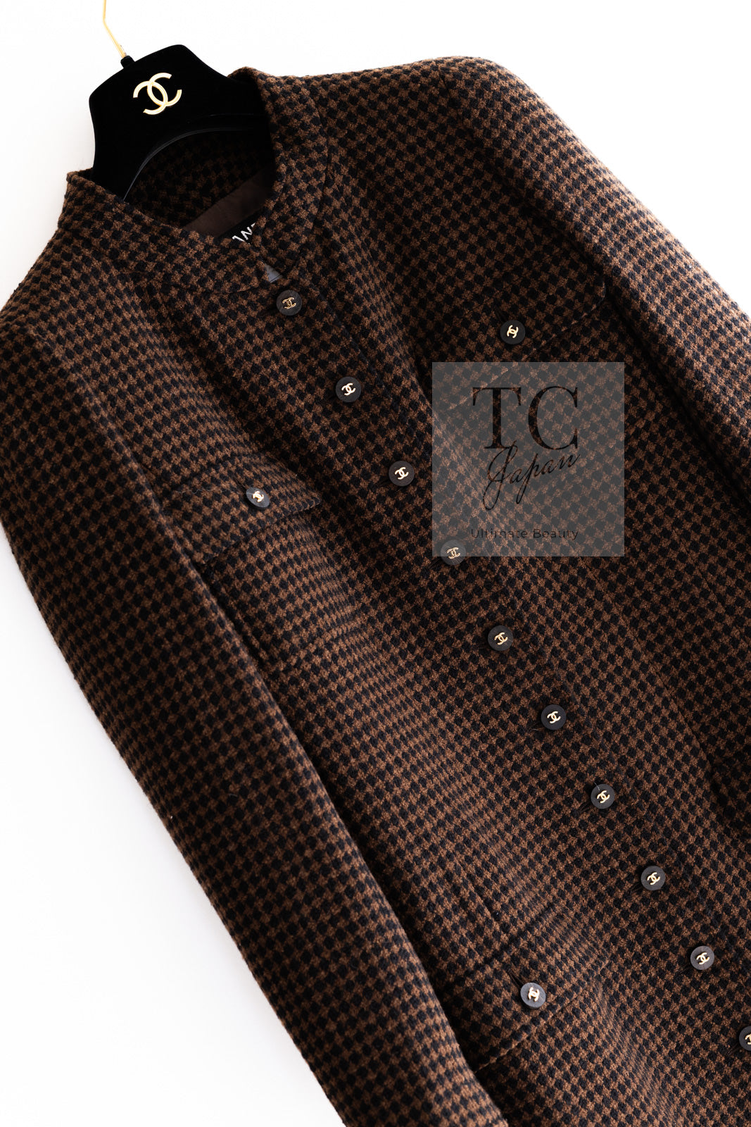 CHANEL 96A Vintage Brown Black Houndstooth Dress Coat 38 シャネル ヴィンテージ ブラウン ブラック 千鳥格子 ココボタン ワンピース コート 即発