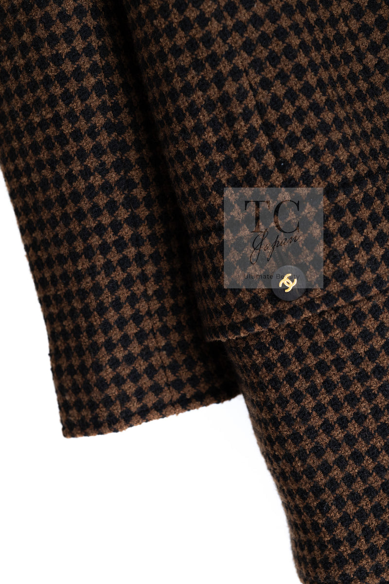 CHANEL 96A Vintage Brown Black Houndstooth Dress Coat 38 シャネル ヴィンテージ ブラウン ブラック 千鳥格子 ココボタン ワンピース コート 即発