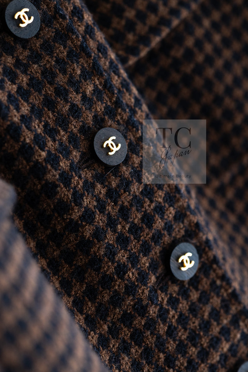 CHANEL 96A Vintage Brown Black Houndstooth Dress Coat 38 シャネル ヴィンテージ ブラウン ブラック 千鳥格子 ココボタン ワンピース コート 即発