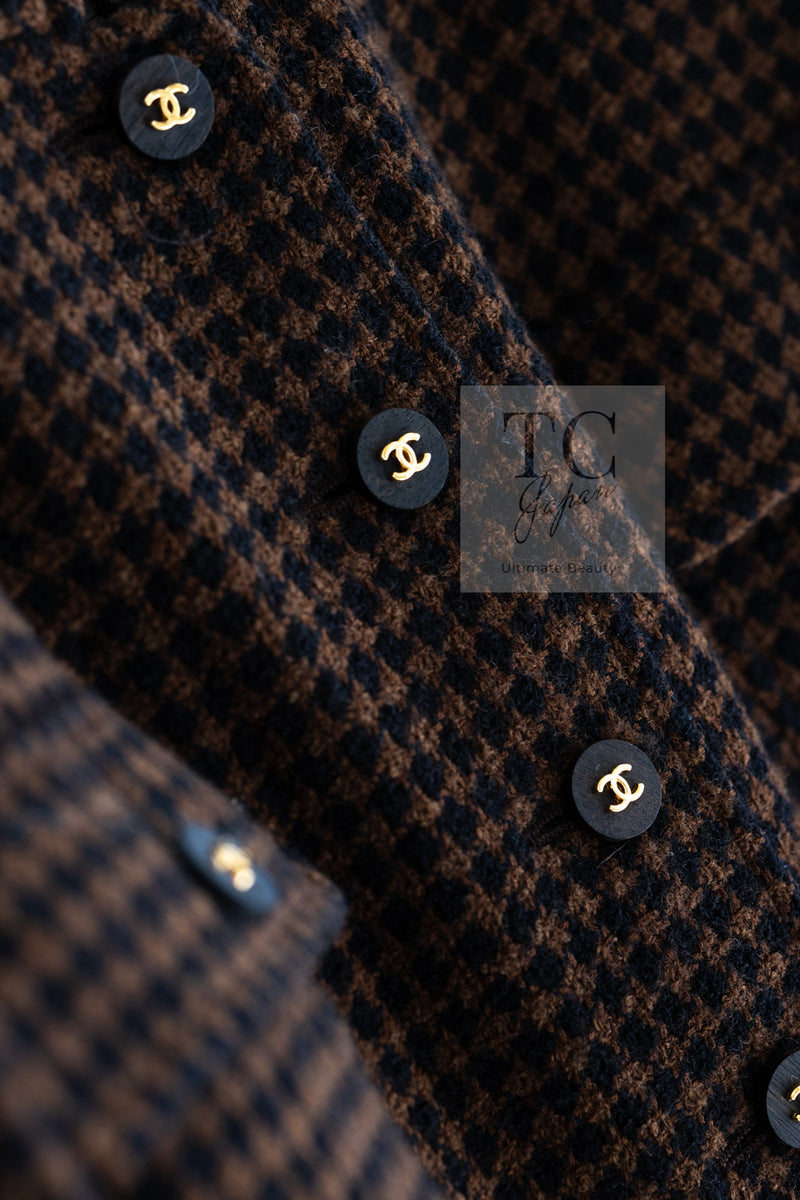 CHANEL 96A Vintage Brown Black Houndstooth Dress Coat 38 シャネル ヴィンテージ ブラウン ブラック 千鳥格子 ココボタン ワンピース コート 即発
