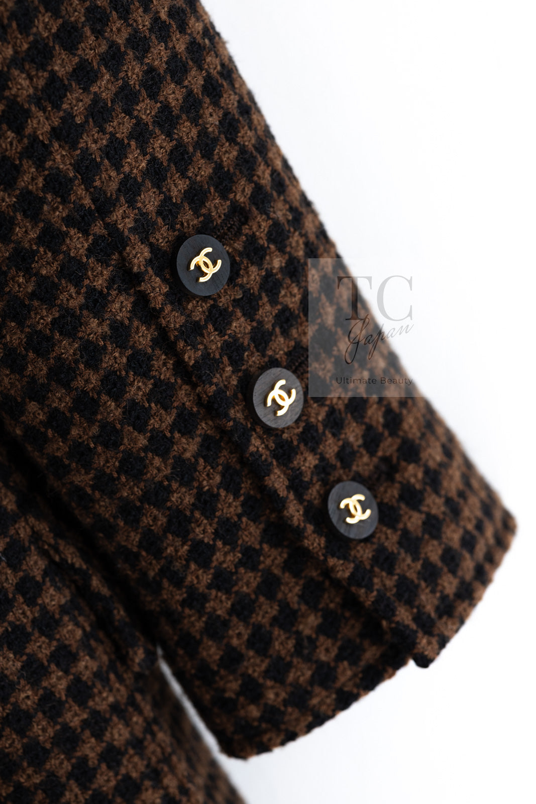 CHANEL 96A Vintage Brown Black Houndstooth Dress Coat 38 シャネル ヴィンテージ ブラウン ブラック 千鳥格子 ココボタン ワンピース コート 即発