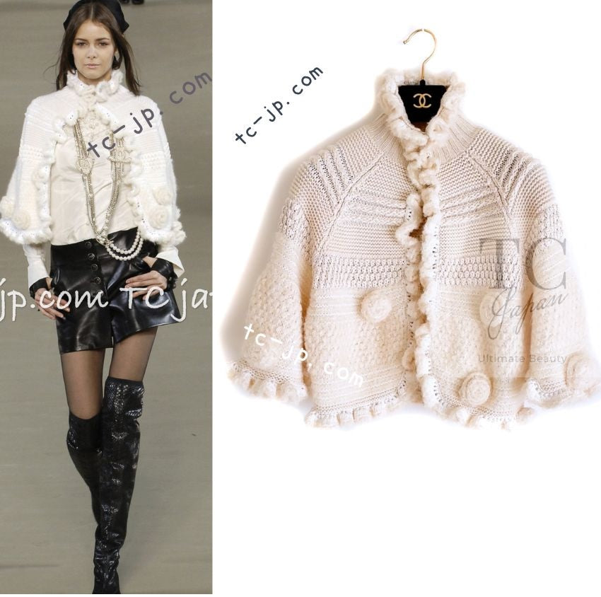 CHANEL 06A Ivory Creme Cashmere Mohair Cape Cardigan 38 46 48 50 シャネル カシミア モヘア アイボリー クリーム ポンチョ ケープ カーディガン 即発