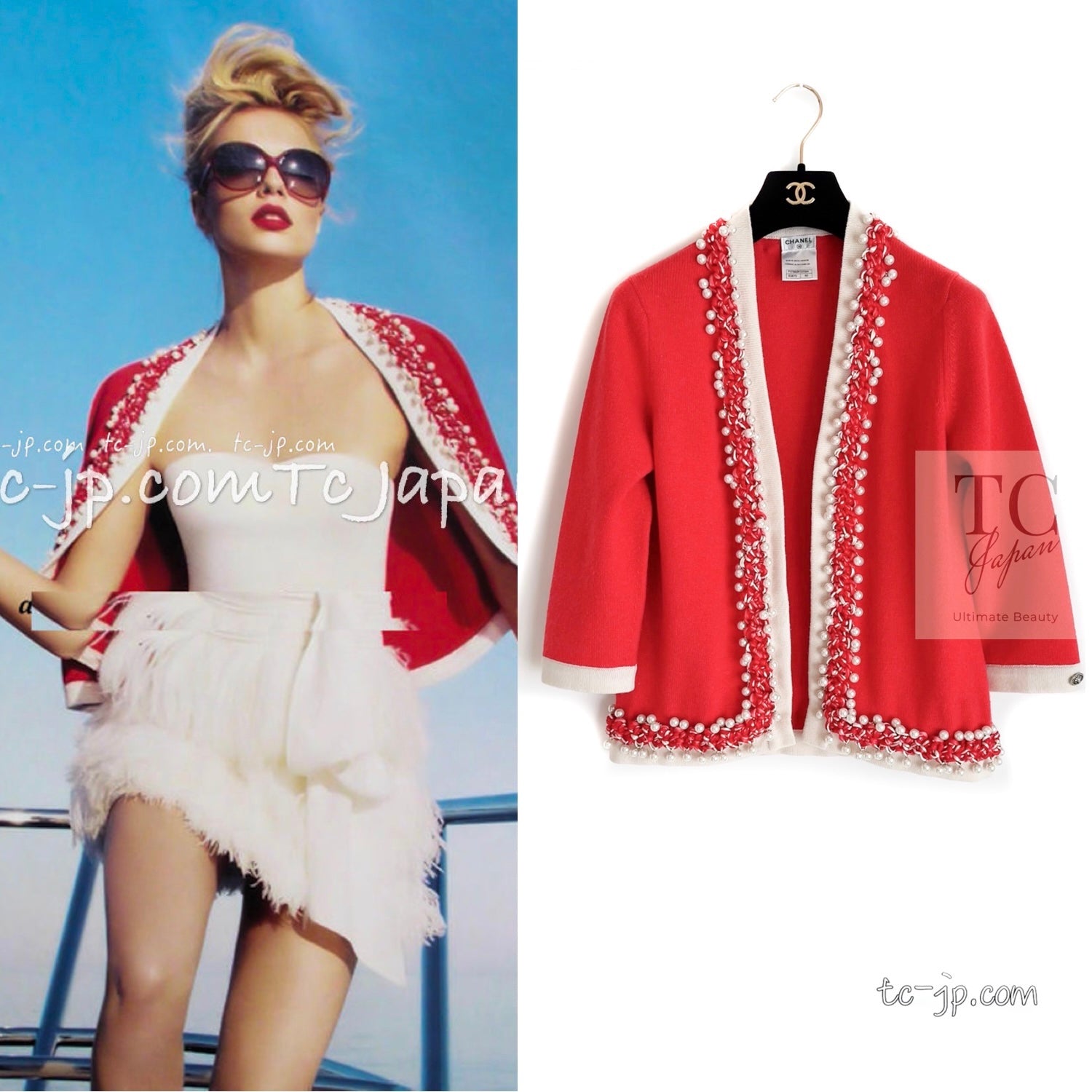 CHANEL 10S Red Pearl Trimming Cashmere 100% Knit Cardigan 38 40 シャネル レッド 豪華 パールトリミング カシミア100% ニット カーディガン 即発