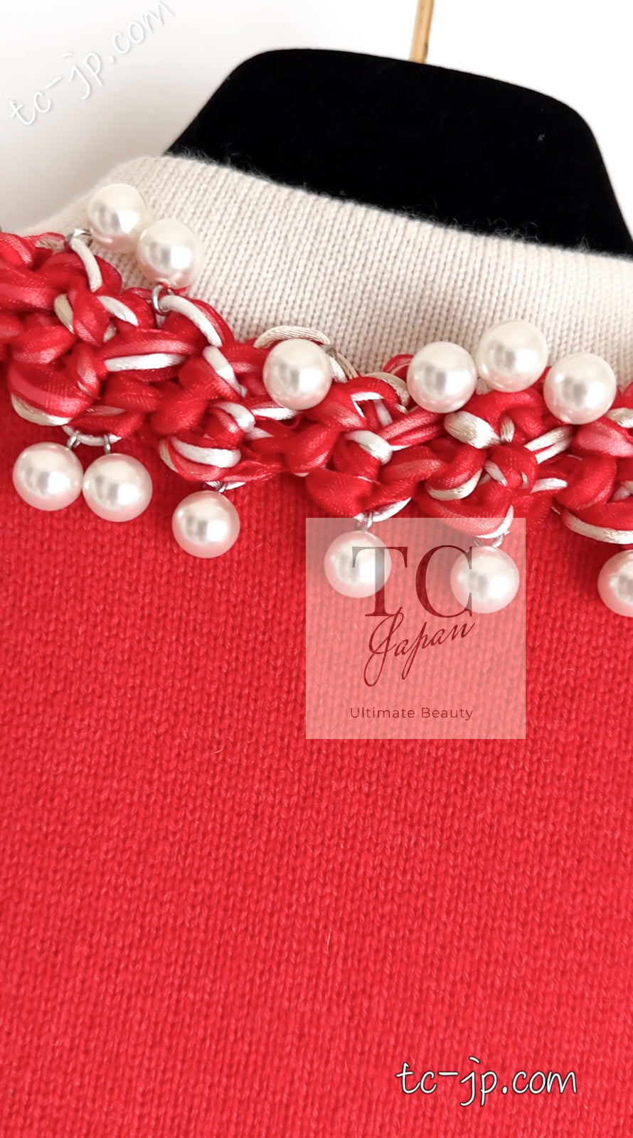 CHANEL 10S Red Pearl Trimming Cashmere 100% Knit Cardigan 38 40 シャネル レッド 豪華 パールトリミング カシミア100% ニット カーディガン 即発