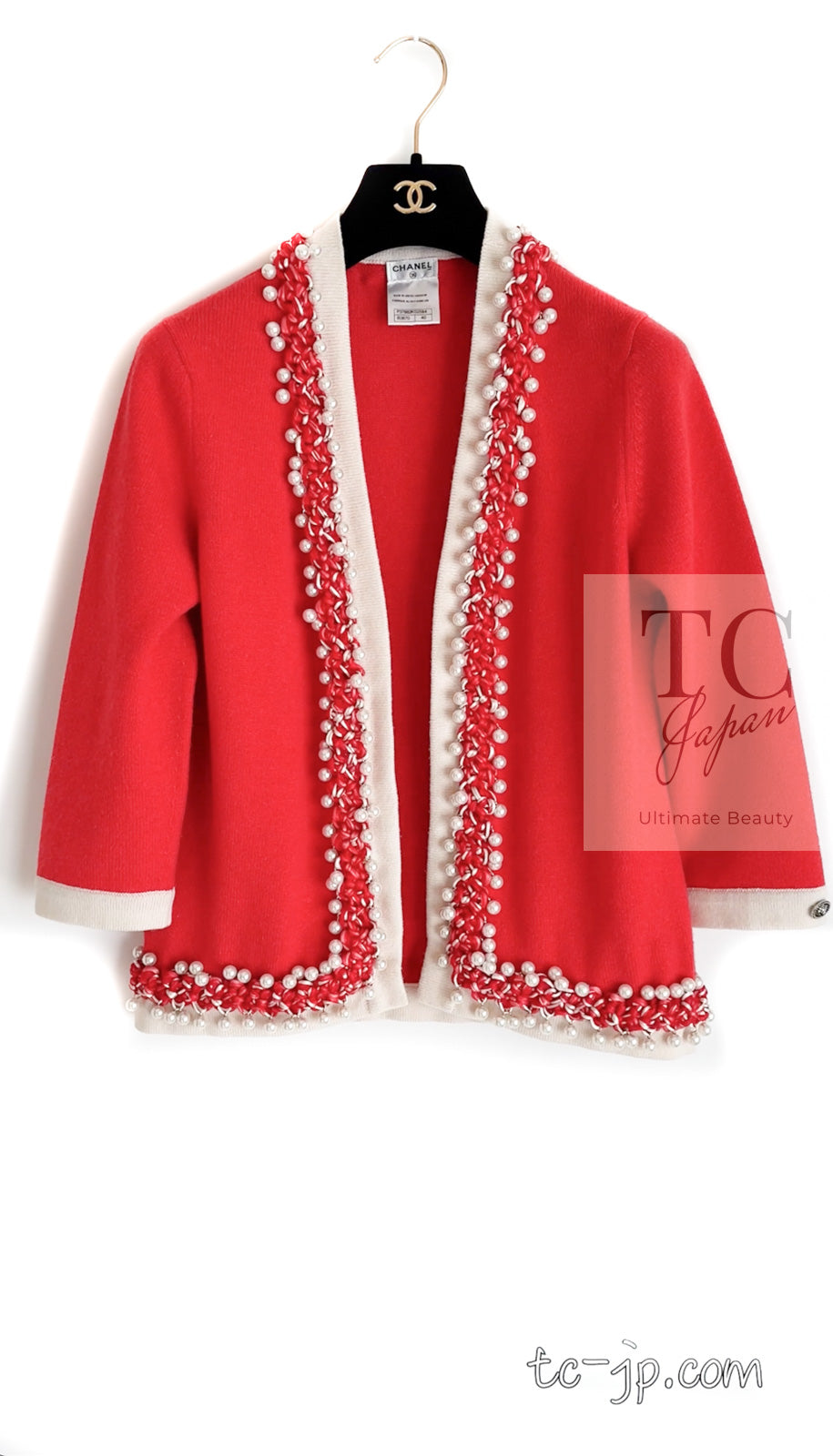 CHANEL 10S Red Pearl Trimming Cashmere 100% Knit Cardigan 38 40 シャネル レッド 豪華 パールトリミング カシミア100% ニット カーディガン 即発