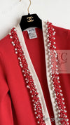 CHANEL 10S Red Pearl Trimming Cashmere 100% Knit Cardigan 38 40 シャネル レッド 豪華 パールトリミング カシミア100% ニット カーディガン 即発
