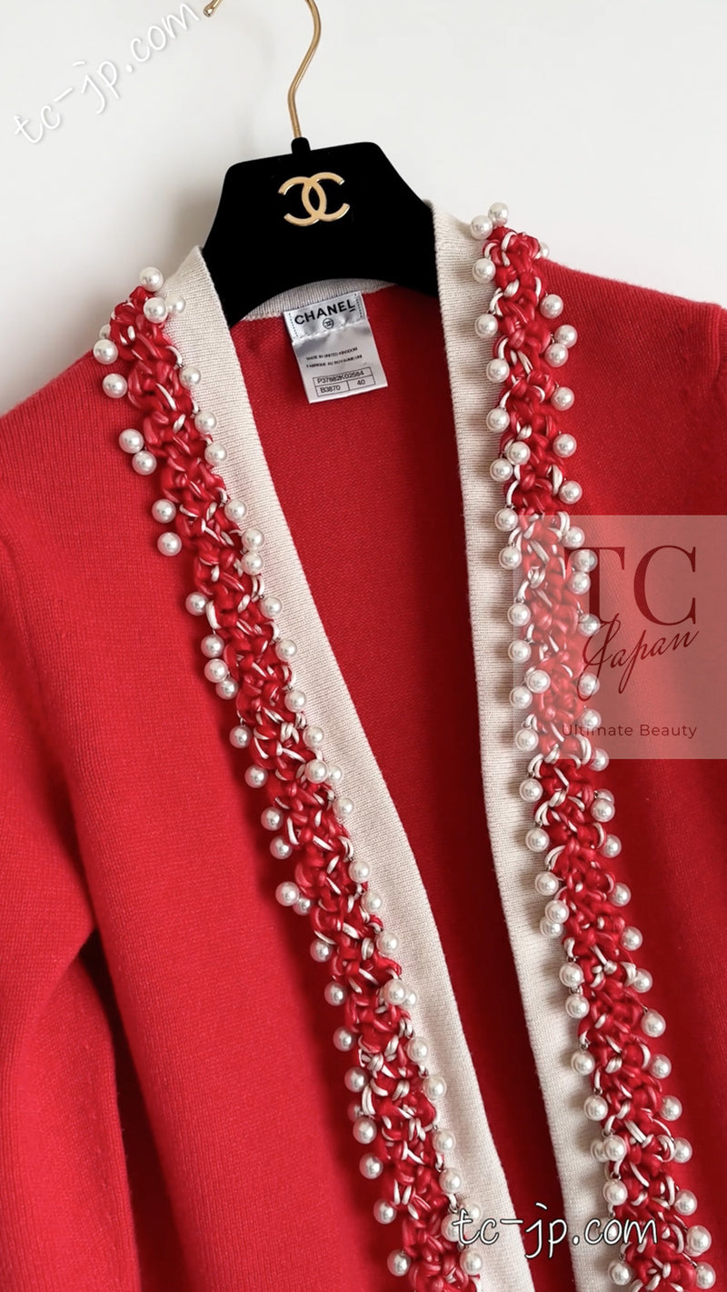 CHANEL 10S Red Pearl Trimming Cashmere 100% Knit Cardigan 38 40 シャネル レッド 豪華 パールトリミング カシミア100% ニット カーディガン 即発