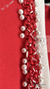 CHANEL 10S Red Pearl Trimming Cashmere 100% Knit Cardigan 38 40 シャネル レッド 豪華 パールトリミング カシミア100% ニット カーディガン 即発
