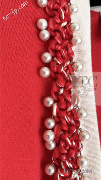 CHANEL 10S Red Pearl Trimming Cashmere 100% Knit Cardigan 38 40 シャネル レッド 豪華 パールトリミング カシミア100% ニット カーディガン 即発