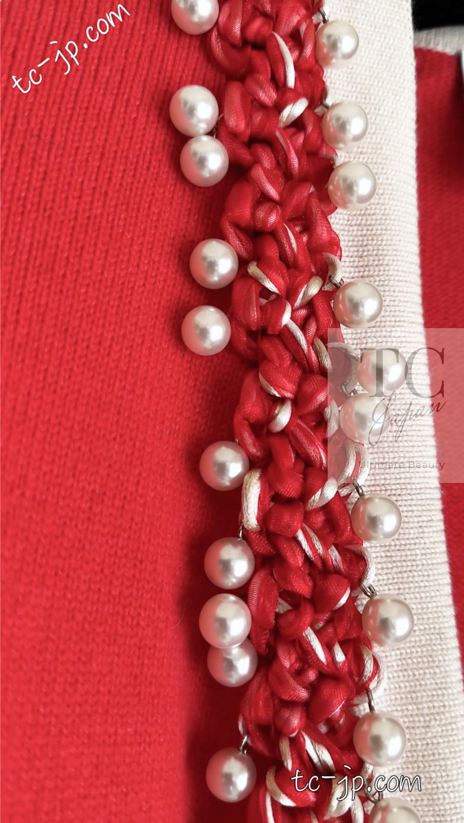 CHANEL 10S Red Pearl Trimming Cashmere 100% Knit Cardigan 38 40 シャネル レッド 豪華 パールトリミング カシミア100% ニット カーディガン 即発