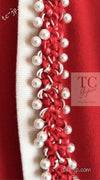CHANEL 10S Red Pearl Trimming Cashmere 100% Knit Cardigan 38 40 シャネル レッド 豪華 パールトリミング カシミア100% ニット カーディガン 即発