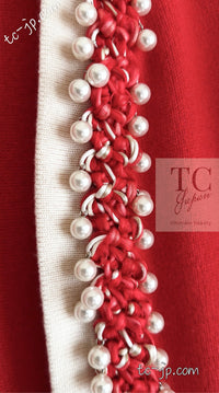 CHANEL 10S Red Pearl Trimming Cashmere 100% Knit Cardigan 38 40 シャネル レッド 豪華 パールトリミング カシミア100% ニット カーディガン 即発