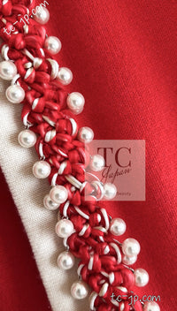 CHANEL 10S Red Pearl Trimming Cashmere 100% Knit Cardigan 38 40 シャネル レッド 豪華 パールトリミング カシミア100% ニット カーディガン 即発