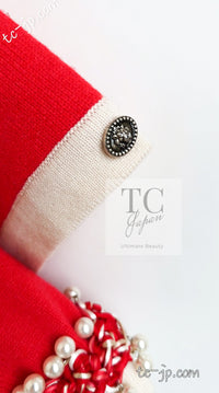 CHANEL 10S Red Pearl Trimming Cashmere 100% Knit Cardigan 38 40 シャネル レッド 豪華 パールトリミング カシミア100% ニット カーディガン 即発