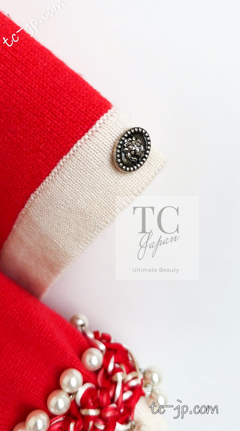 CHANEL 10S Red Pearl Trimming Cashmere 100% Knit Cardigan 38 40 シャネル レッド 豪華 パールトリミング カシミア100% ニット カーディガン 即発