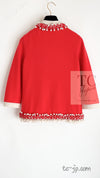 CHANEL 10S Red Pearl Trimming Cashmere 100% Knit Cardigan 38 40 シャネル レッド 豪華 パールトリミング カシミア100% ニット カーディガン 即発