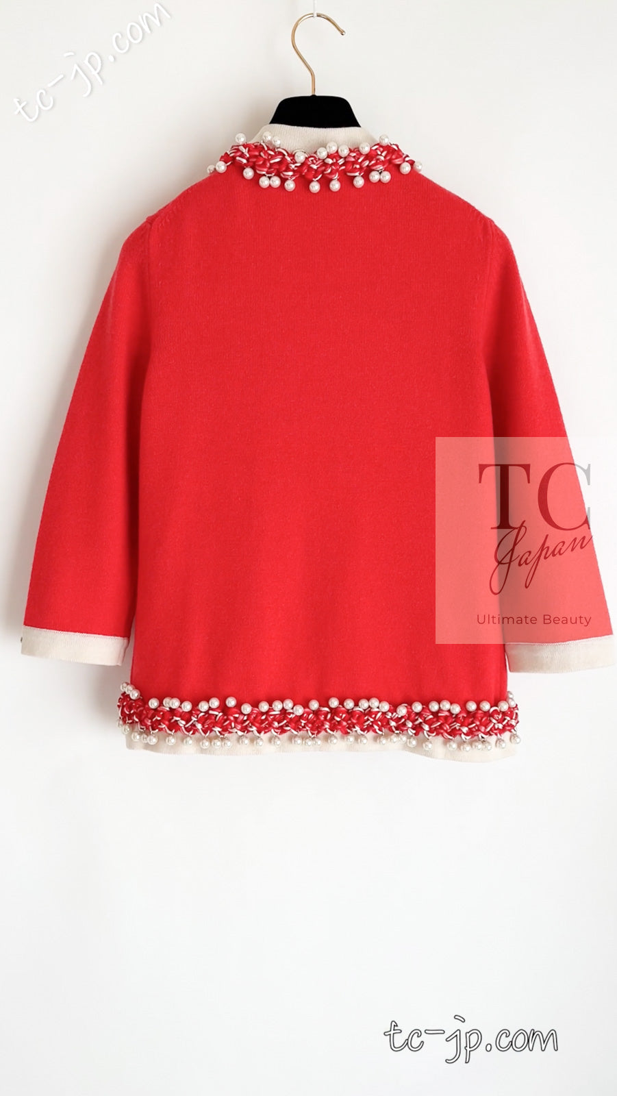CHANEL 10S Red Pearl Trimming Cashmere 100% Knit Cardigan 38 40 シャネル レッド 豪華 パールトリミング カシミア100% ニット カーディガン 即発