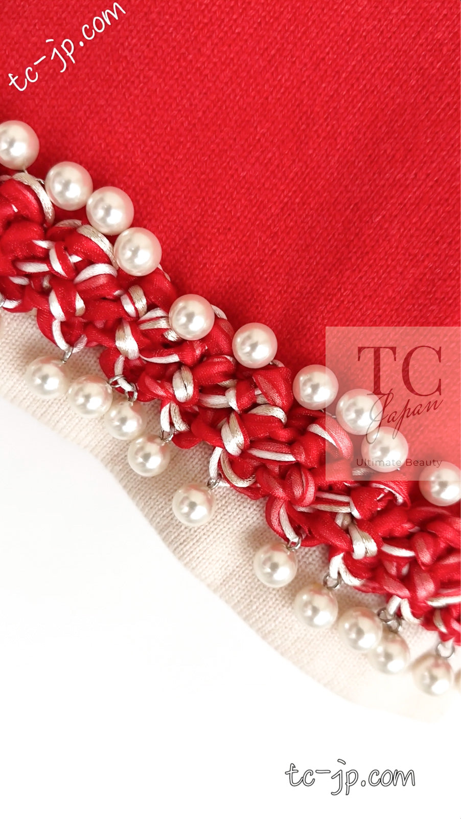 CHANEL 10S Red Pearl Trimming Cashmere 100% Knit Cardigan 38 40 シャネル レッド 豪華 パールトリミング カシミア100% ニット カーディガン 即発
