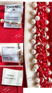 CHANEL 10S Red Pearl Trimming Cashmere 100% Knit Cardigan 38 40 シャネル レッド 豪華 パールトリミング カシミア100% ニット カーディガン 即発