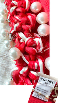 CHANEL 10S Red Pearl Trimming Cashmere 100% Knit Cardigan 38 40 シャネル レッド 豪華 パールトリミング カシミア100% ニット カーディガン 即発