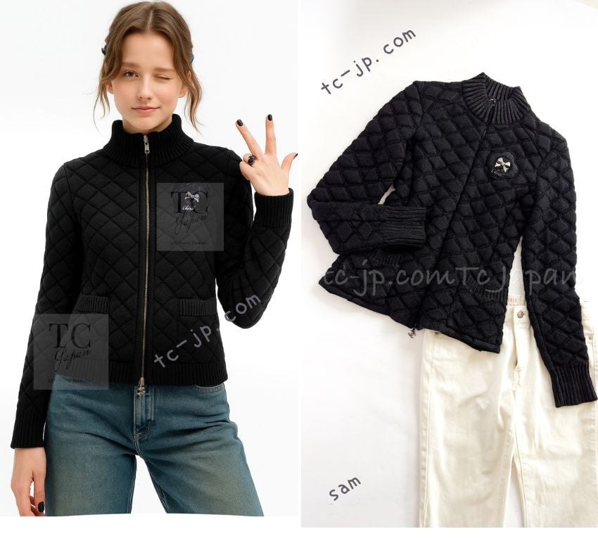 CHANEL 09A Black Quilted Wool Jacket Cardigan Blouson 38 シャネル ブラック キルト ウール ジャケット カーディガン ブルゾン 即発