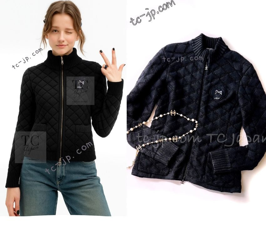 CHANEL 09A Black Quilted Wool Jacket Cardigan 36 38 40 シャネル ブラック キルト ウール ジャケット カーディガン 即発