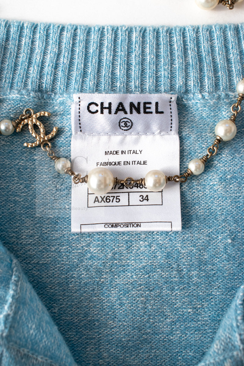 CHANEL 13C Baby Blue Cashmere Linen Super Soft Knit Cardigan 34 シャネル ベビー ブルー カシミア リネン ふんわり柔らか ニット カーディガン 即発