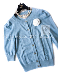 CHANEL 13C Baby Blue Cashmere Linen Super Soft Knit Cardigan 34 シャネル ベビー ブルー カシミア リネン ふんわり柔らか ニット カーディガン 即発