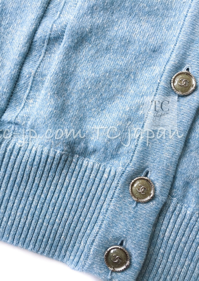 CHANEL 13C Baby Blue Cashmere Linen Super Soft Knit Cardigan 34 シャネル ベビー ブルー カシミア リネン ふんわり柔らか ニット カーディガン 即発