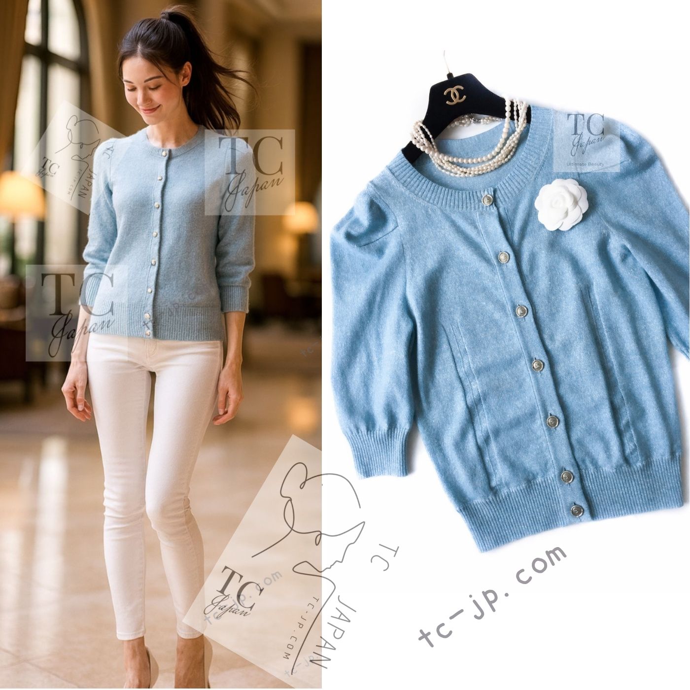 CHANEL 13C Baby Blue Cashmere Linen Super Soft Knit Cardigan 38 シャネル ベビー ブルー カシミア リネン ふんわり柔らか ニット カーディガン 即発