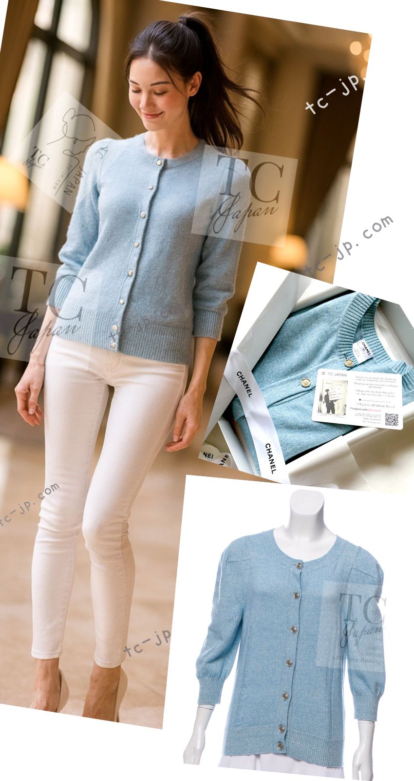 CHANEL 13C Baby Blue Cashmere Linen Super Soft Knit Cardigan 38 シャネル ベビー ブルー カシミア リネン ふんわり柔らか ニット カーディガン 即発