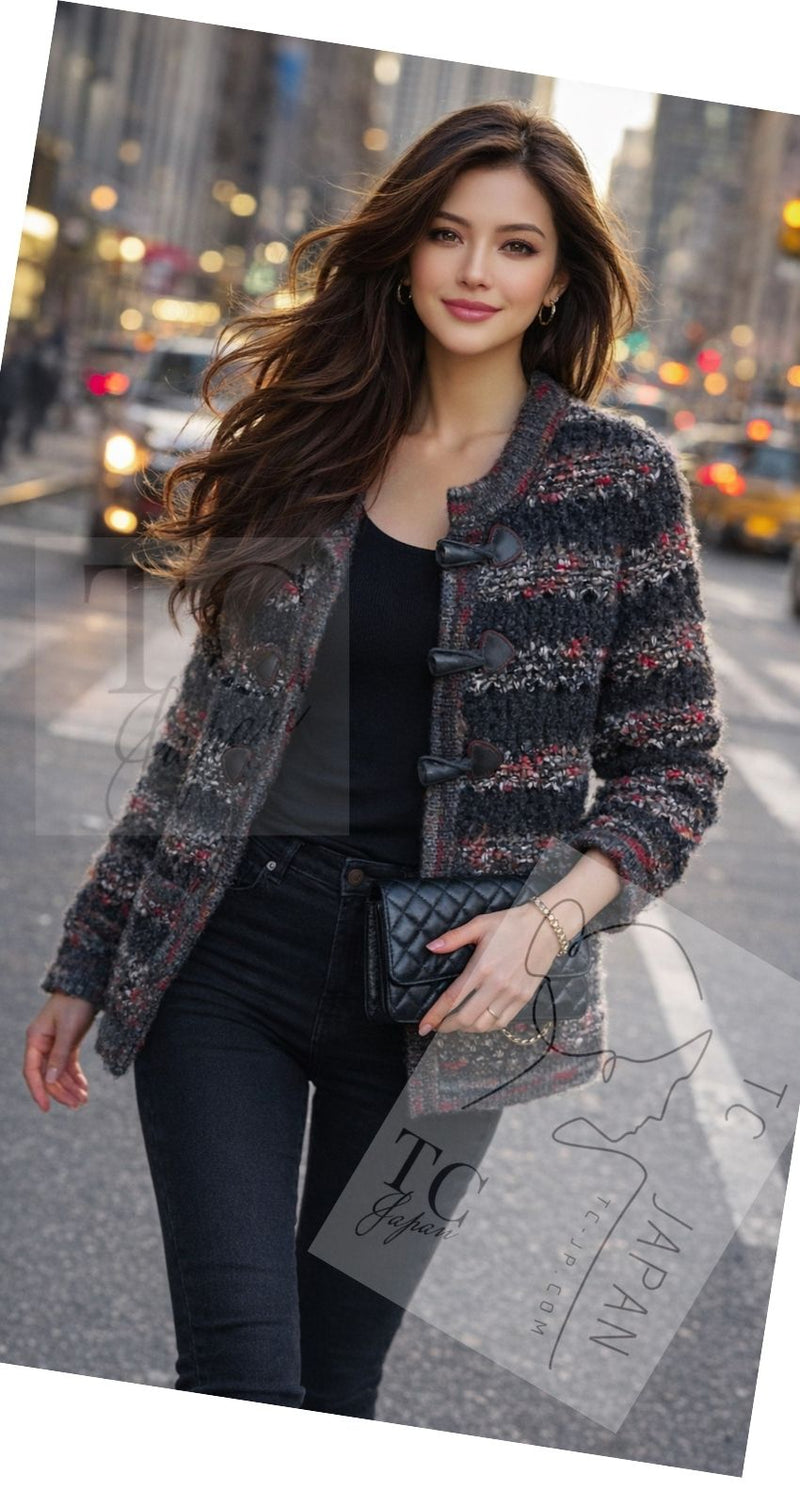 CHANEL 11A Charcoal Red Wool Cashmere Alpaca Knit Cardigan 36 38 シャネル チャコール レッド ウール カシミア アルパカ カーディガン 即発