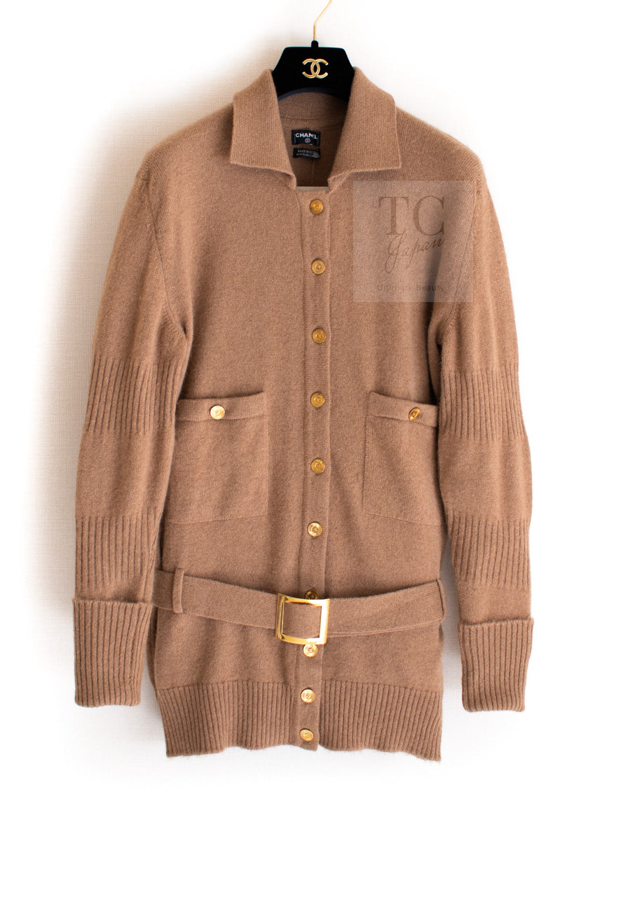 CHANEL 89A Brown Camel Hair CC Gold Button Knit Cardigan 38 40 シャネル キャメル ベージュ CC ゴールド ココボタン ニット カーディガン 即発