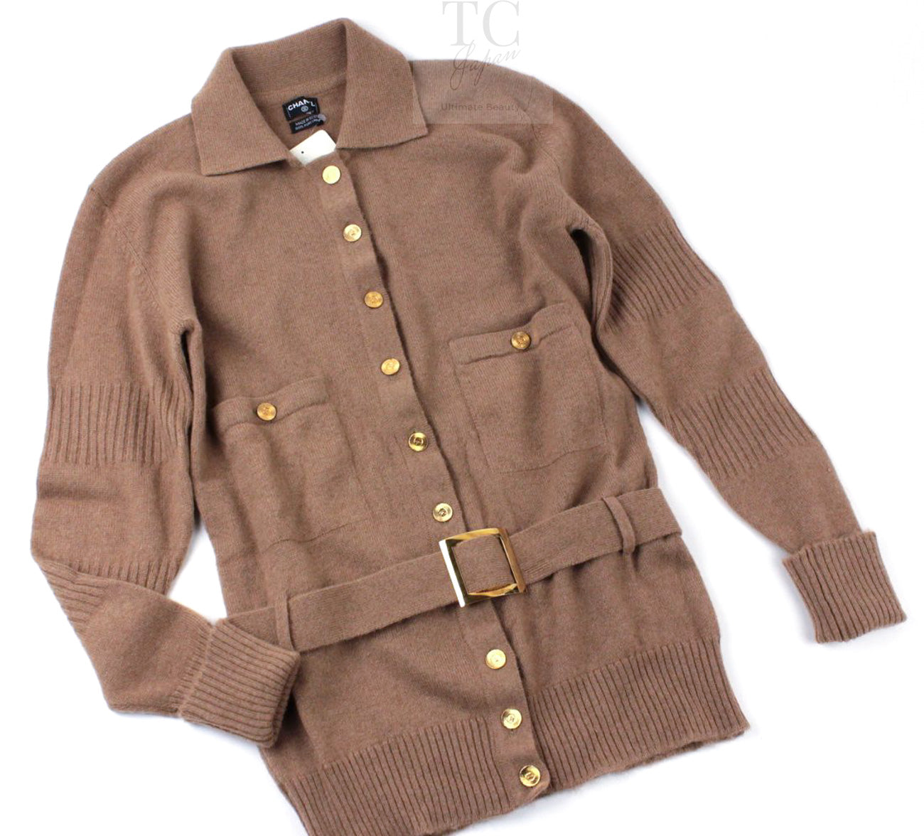 CHANEL 89A Brown Camel Hair CC Gold Button Knit Cardigan 38 40 シャネル キャメル ベージュ CC ゴールド ココボタン ニット カーディガン 即発