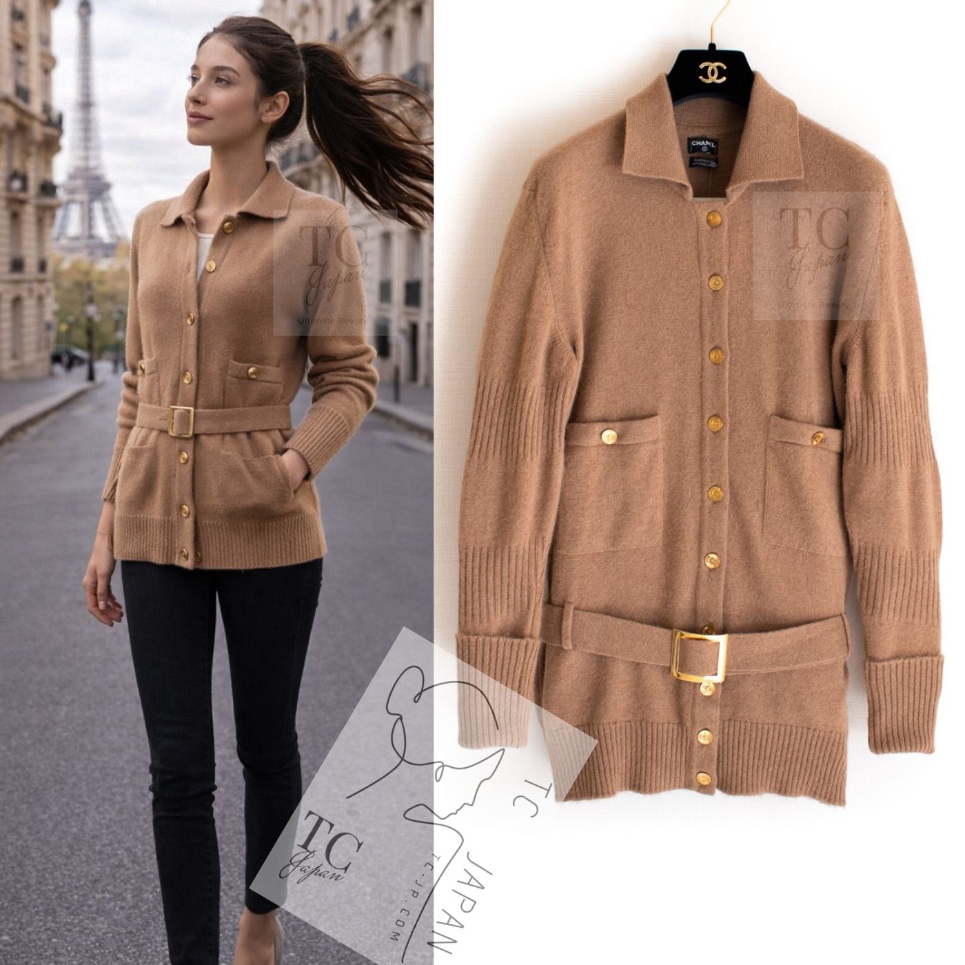 CHANEL 89A Brown Camel Hair CC Gold Button Knit Cardigan 38 40 シャネル キャメル ベージュ CC ゴールド ココボタン ニット カーディガン 即発