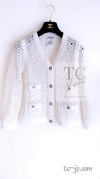 CHANEL 12S White Cotton Eye-let V-Neck Knit Cardigan 38 シャネル ホワイト コットン アイレット Vネック ニット カーディガン 即発