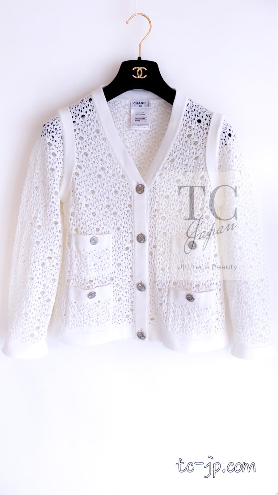 CHANEL 12S White Cotton Eye-let V-Neck Knit Cardigan 34 36 38 シャネル ホワイト コットン アイレット Vネック ニット カーディガン 即発