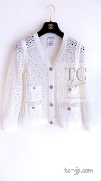 CHANEL 12S White Cotton Eye-let V-Neck Knit Cardigan 34 36 シャネル ホワイト コットン アイレット Vネック ニット カーディガン 即発