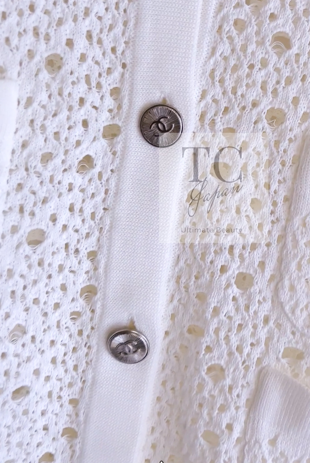 シャネル カーディガン CHANEL ホワイト コットン アイレット Vネック