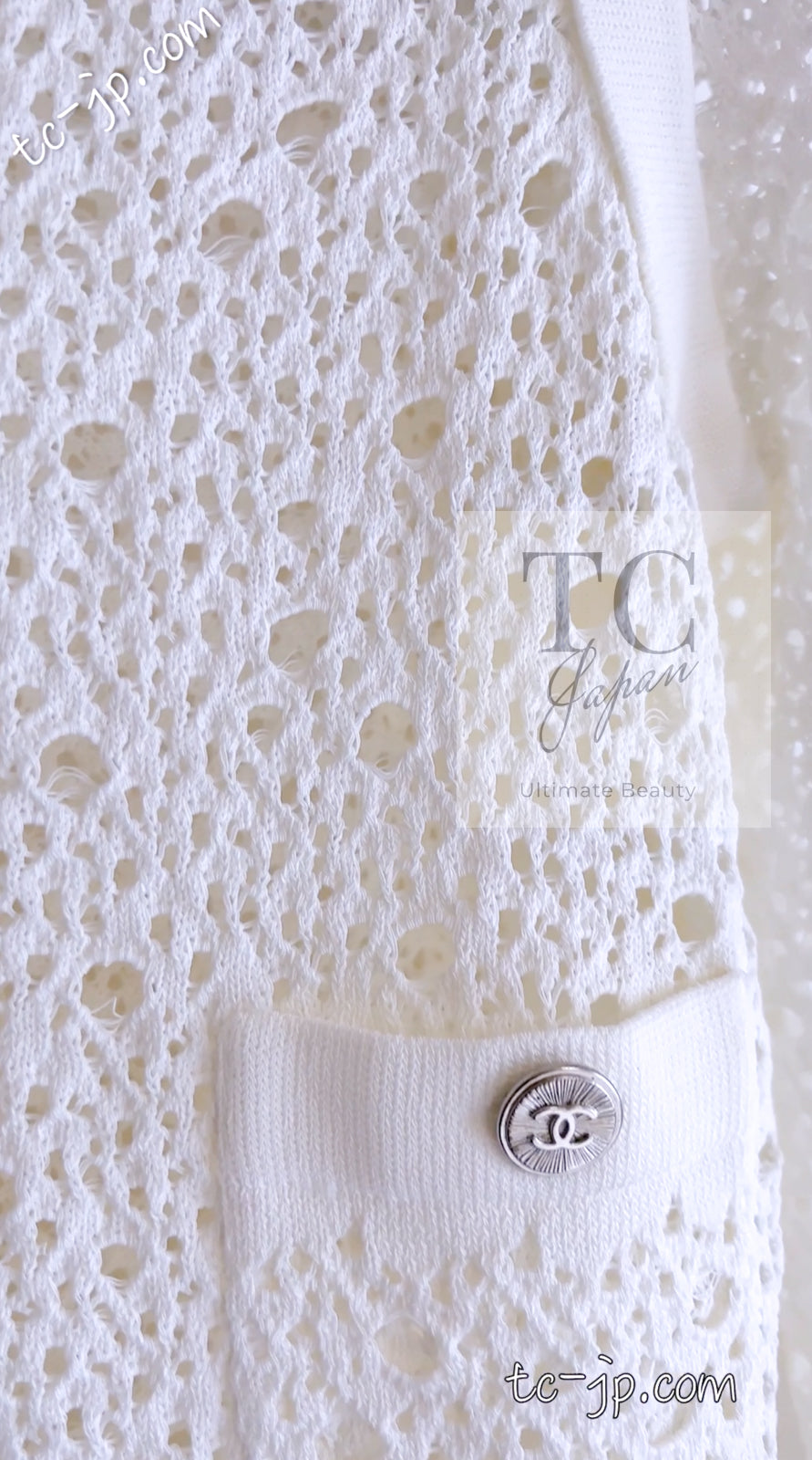 シャネル カーディガン CHANEL ホワイト コットン アイレット Vネック