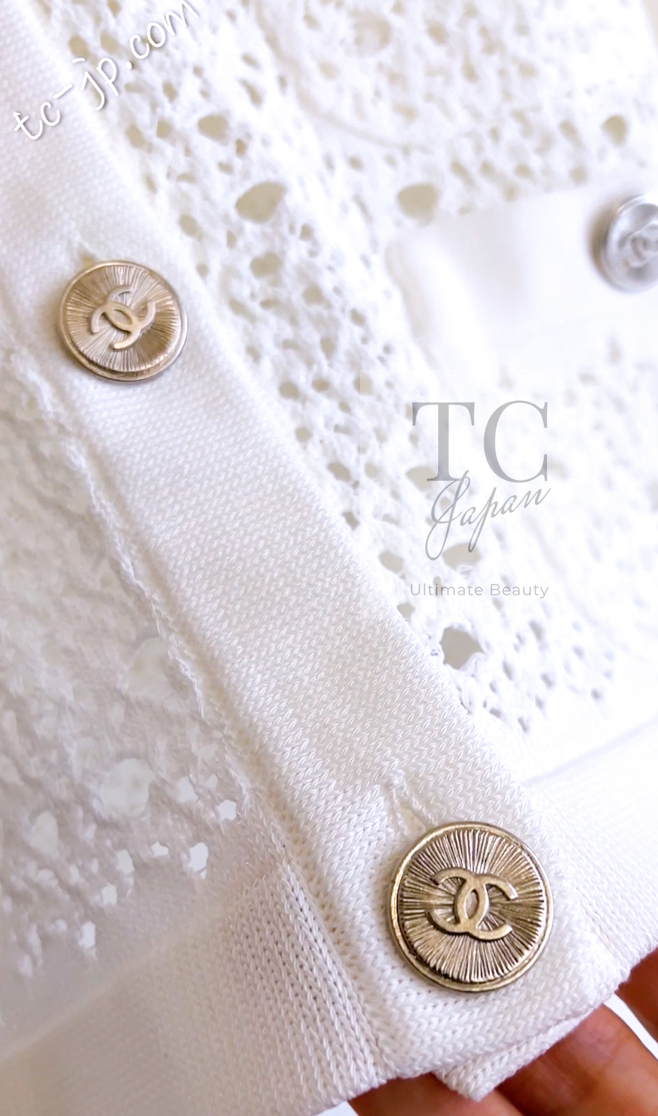 シャネル カーディガン CHANEL ホワイト コットン アイレット Vネック